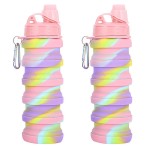 YCTMALL Collapsible Water Bottles Two Pack Travel Sports Portable Sport Water Bottle comes with mountaineering Buckle 500ml silicone Water-proof camping water bottle (Pink camouflage+Pink camouflage)