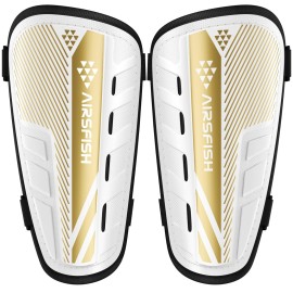 Upgraded Soccer Shin Guards Kids Youth, CE Certified AirsFish Shin Pads Protection Gear for 2-18 Years Old Boys Girls Teenagers EVA High Impact Resistant Breathable Comfortable 1 Pair White+Gold M
