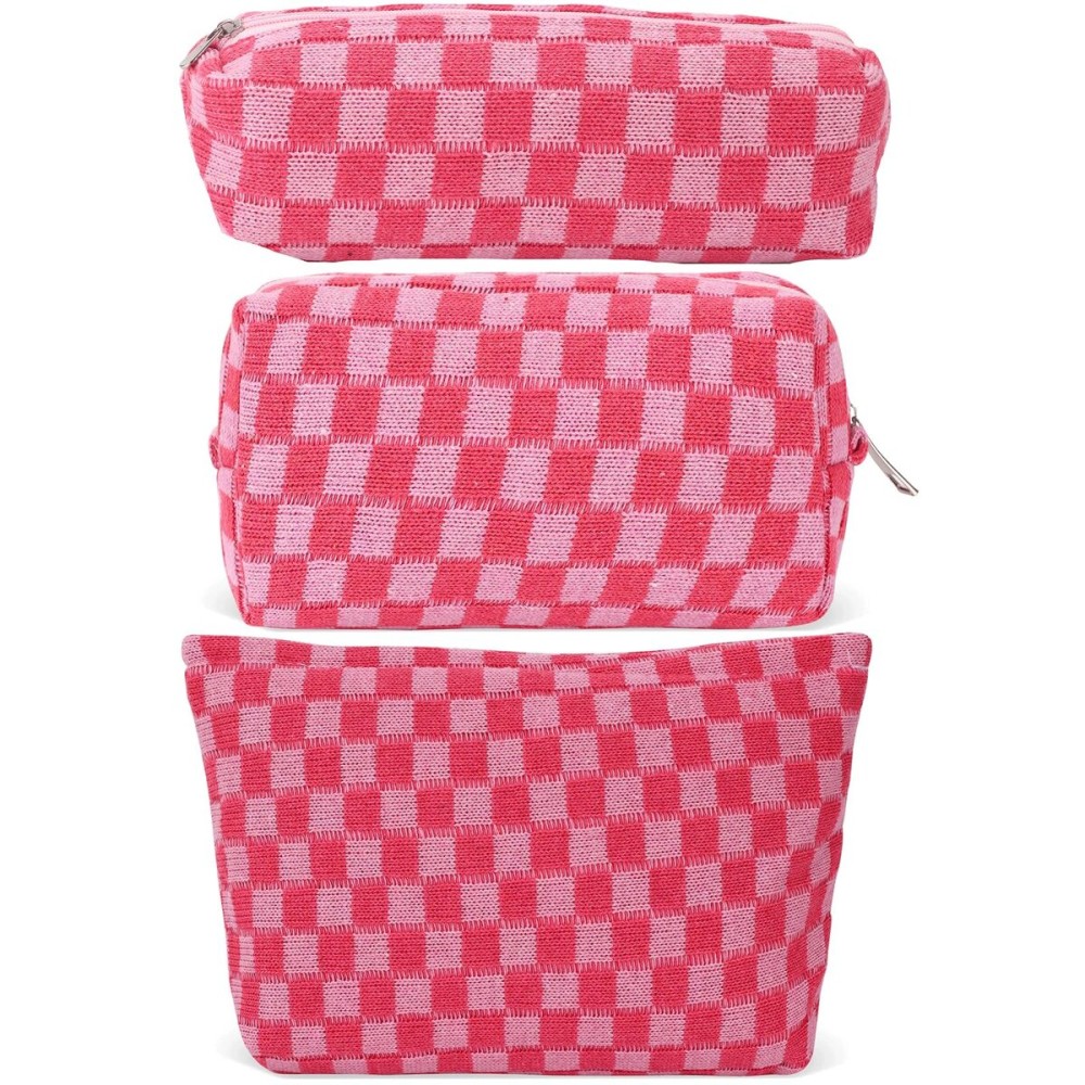 LYDZTION Large Capacity Makeup Bag Set - 3 Pieces Checkered Cosmetic Bag for Women Travel Makeup Bag Organizer Cute Makeup Brushes Storage Bag Travel Toiletry Bag Storage Bag for Women,Pink