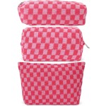 LYDZTION Large Capacity Makeup Bag Set - 3 Pieces Checkered Cosmetic Bag for Women Travel Makeup Bag Organizer Cute Makeup Brushes Storage Bag Travel Toiletry Bag Storage Bag for Women,Pink