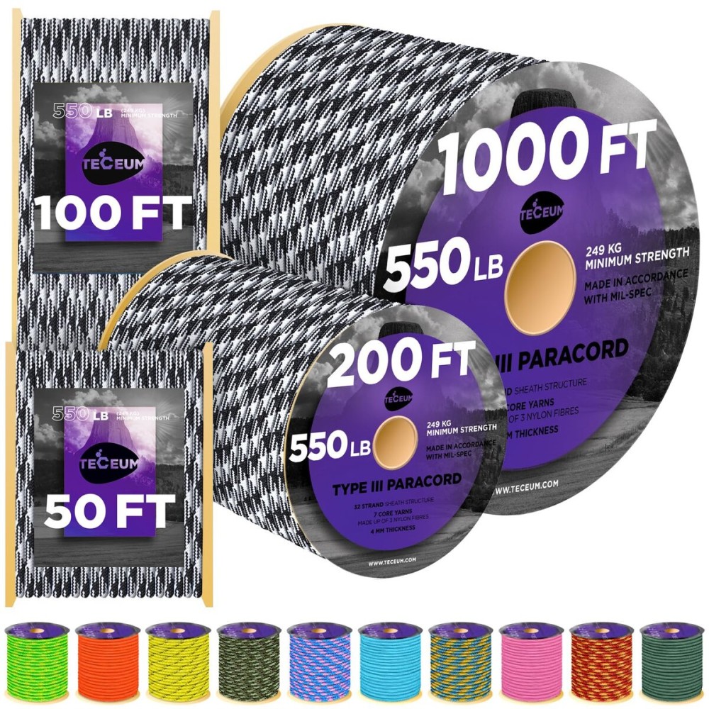 TECEUM Paracord Type III 550 Urban Camo - 1000 ft - 4mm - Tactical Rope MIL-SPEC - Outdoor para Cord -Camping Hiking Fishing Gear and Equipment - EDC Parachute Cord - Strong Survival Rope 1607mb