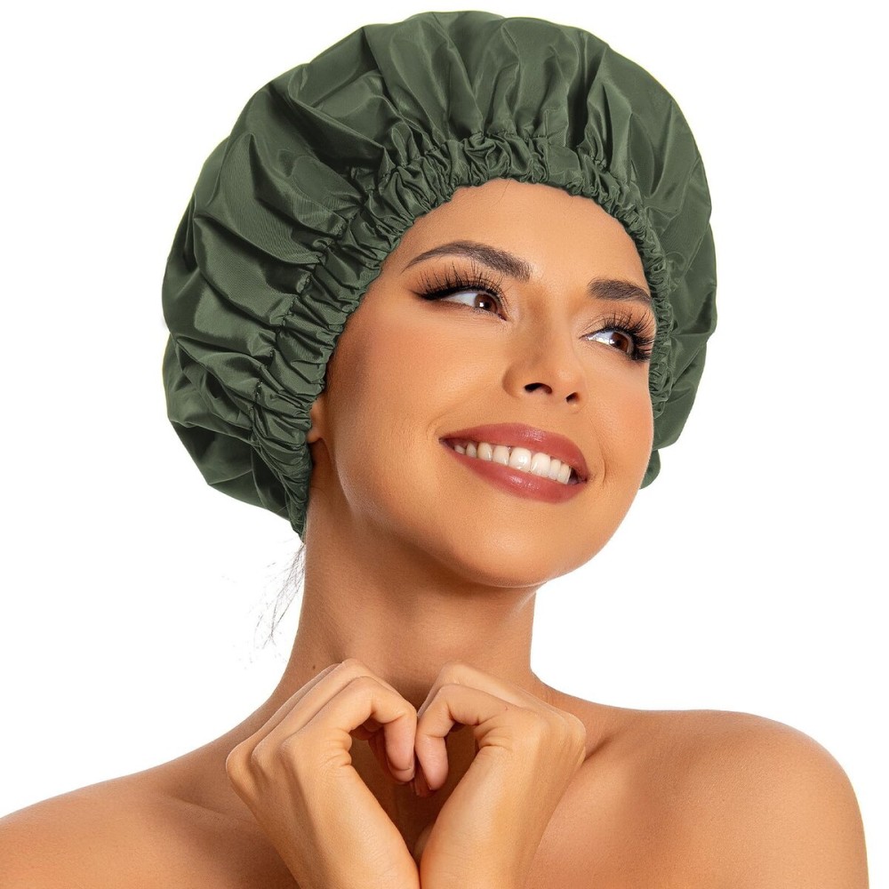 Reusable Shower Cap for Women, Large Waterproof Shower Bonnet Washable Elastic Band Bath Hair Hat for Long Hair, Braids(Green)