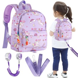 Accmor Toddler Backpack Leash with Anti Lost Wrist Link, Cute Mini Child Walking Harnesses Keep Kids Close Back Pack Rope Tether Rein for Baby Boys (Purple/Unicorn)