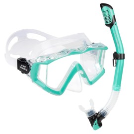 Snorkel Set Pano 3 Adult Snorkeling Gear, Professional Anti-Fog Snorkel Mask Dry Top Snorkel, Tempered Glass Scuba Diving Mask for Freediving, Snorkeling and Swimming (Aqua Set)