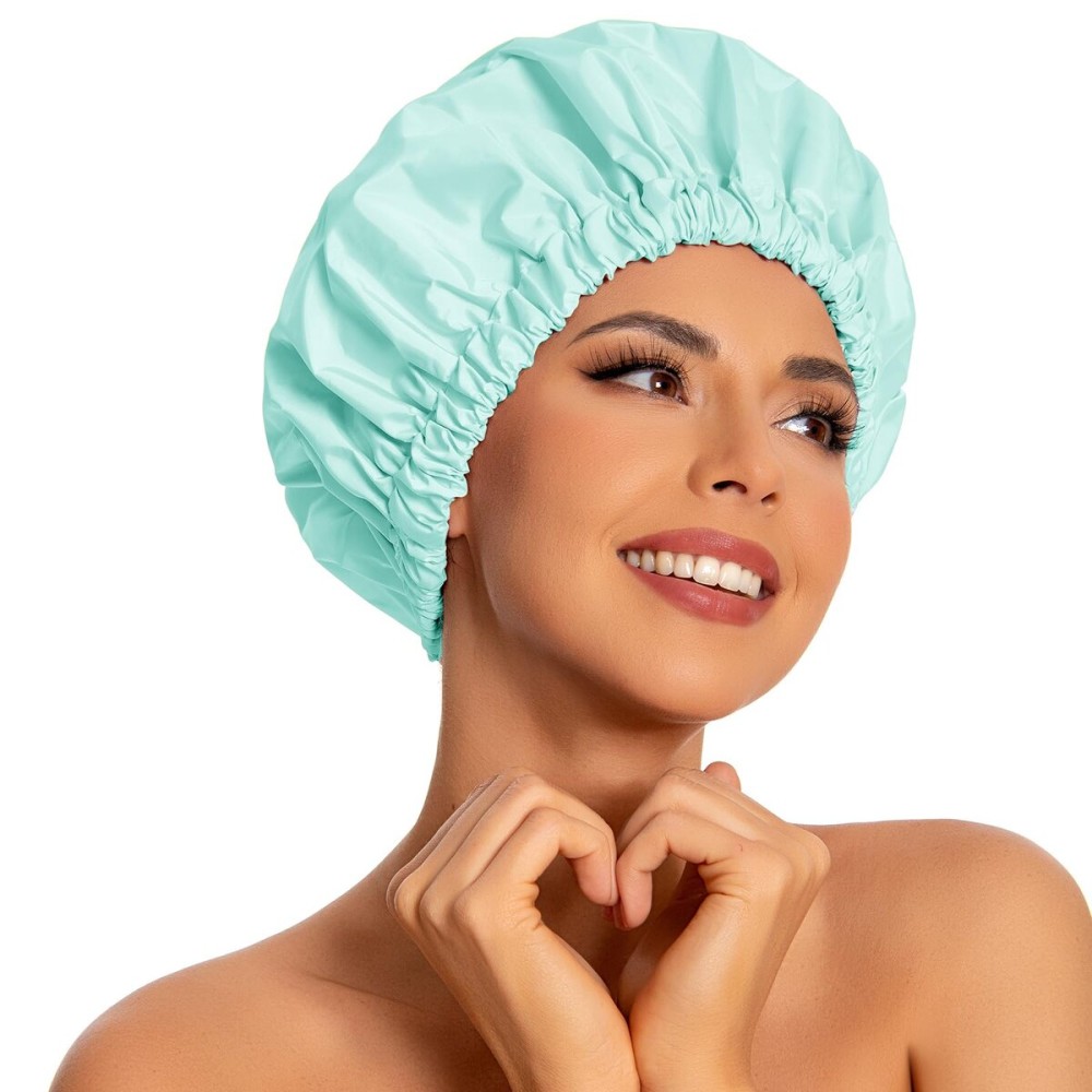 Reusable Shower Cap for Women, Large Waterproof Shower Essentials Bonnet Washable Elastic Band Bath Hair Wrap Hat for Long Hair, Braids(Mint Green)