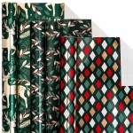 LeZakaa Green Christmas Wrapping Paper Mini Roll, Reindeer Holly Leaves Geometric Metallic Foil Holiday Gift Wrap, Arts Craft, for Xmas Winter Party, 17 x 120 inches, 3 Rolls