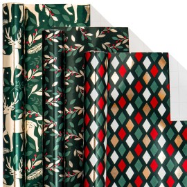 LeZakaa Green Christmas Wrapping Paper Mini Roll, Reindeer Holly Leaves Geometric Metallic Foil Holiday Gift Wrap, Arts Craft, for Xmas Winter Party, 17 x 120 inches, 3 Rolls