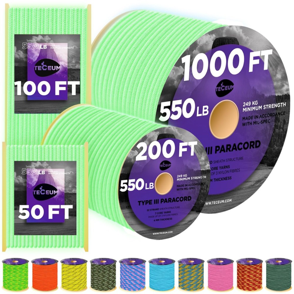 TECEUM Paracord Type III 550 Green - Glow in the dark - 200 ft - Tactical Rope MIL-SPEC - Outdoor Para Cord -Camping Hiking Fishing Gear and Equipment - EDC Parachute Cord - Strong Survival Rope 025gd