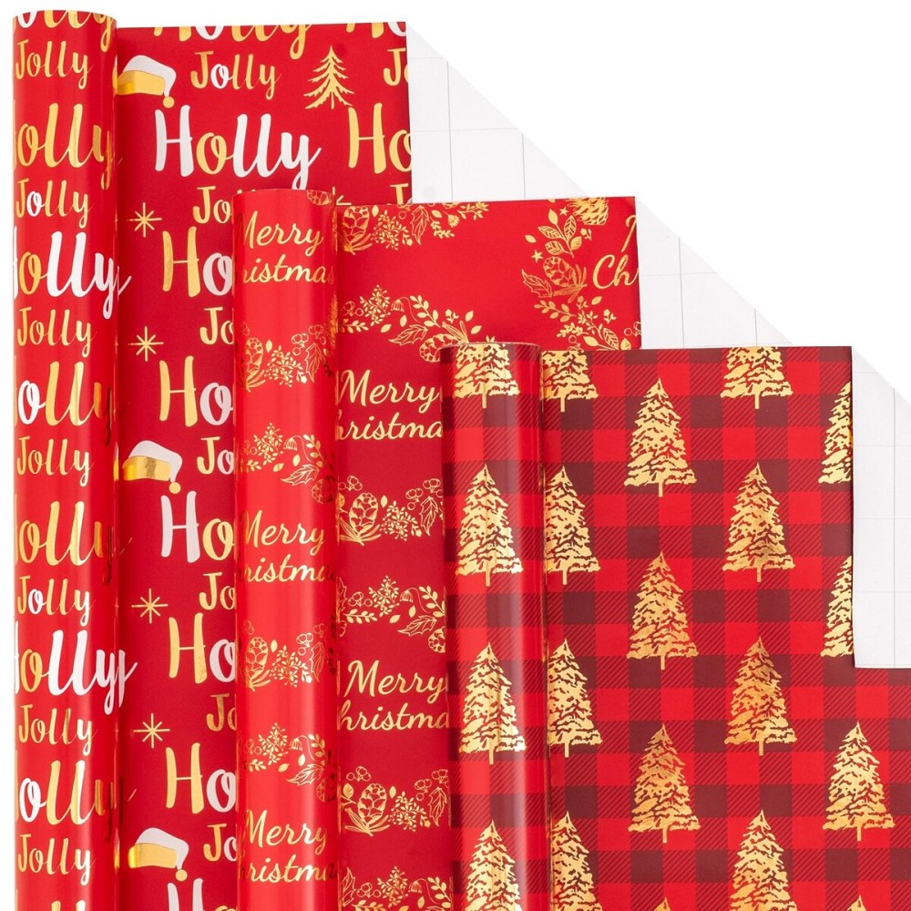 LeZakaa Red Gold Christmas Wrapping Paper Mini Roll, Christmas Tree Buffalo Plaid, Holly Jolly, Wreath Metallic Foil Holiday Gift Wrap, Arts Craft, for Xmas Winter Party, 17 x 120 inches, 3 Rolls