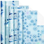 LeZakaa Blue Christmas Wrapping Paper Mini Roll, Snowman Reindeer Crystal Ball Snowflake Tree Metallic Foil Holiday Gift Wrap, Arts Craft, for Xmas Winter Party, 17 x 120 inches, 3 Rolls