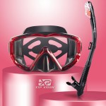 Snorkel Set Pano 3 Window Adult Snorkeling Gear, Professional Snorkel Goggles Anti-Fog Diving Mask, Anti-Leak Swim Goggles and Dry Top Snorkel for Diving, Snorkeling, Swimming (Red)