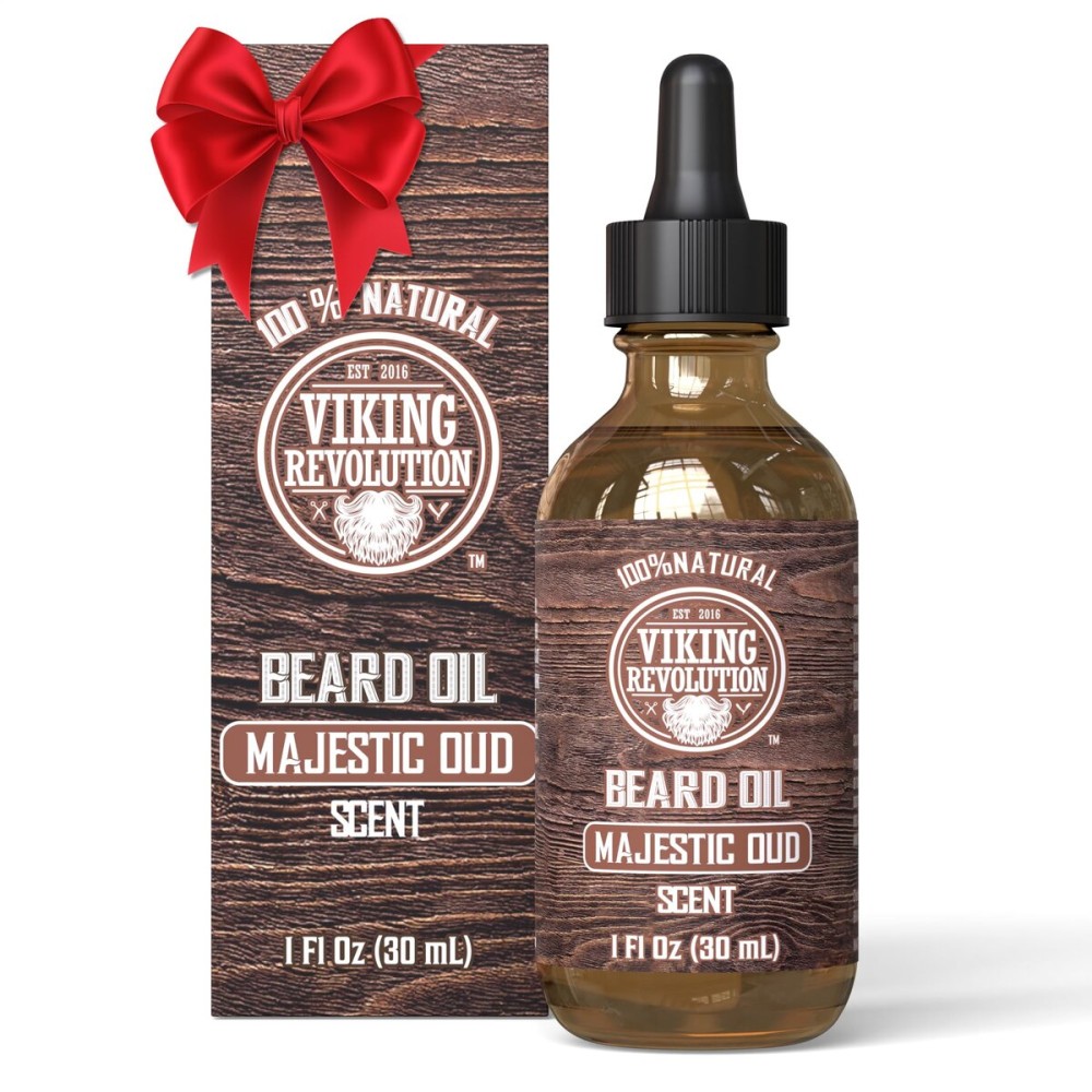 Viking Revolution Majestic Oud Beard Oil for Men - Natural Mens Beard Oil with Argan Oil and Jojoba Oil - Beard Softener, Strengthens and Moisturizes - Beard Conditioner for Men (Majestic Oud,1 Pack)