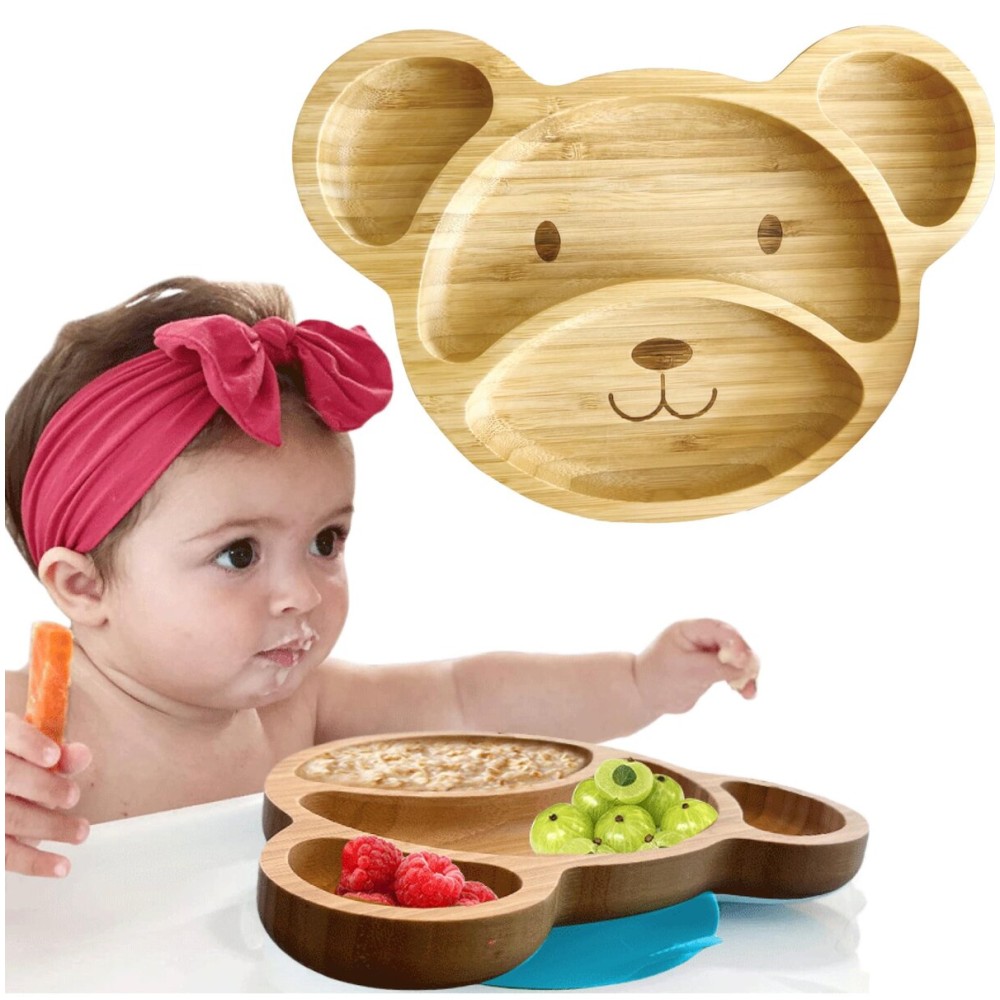 Bamboo Plates for Kids - Baby & Toddler Plates with Suction for Feeding & Weaning, Eco-Friendly Bear Design Promotes Self-Feeding, Ideal for Busy Moms & Dads, Sturdy & BPA-Free (Blue)