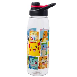 Silver Buffalo Pokmon Pikachu, Squirtle, Charmander, Bulbasaur, Togepi, Meowth, Lapras, Snorlax, Gengar, Jigglypuff, Mewtwo, Onix, Gyarados, Psyduck, Eevee, etc Water Bottle w Screw-On Lid, 28 Ounces