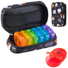 Serfeymi Weekly Travel Pill Organizer 2 Times A Day AM PM Upgraded Rainbow Pill Box 7 Day with Portable Zipper Canvas Pill Case, Medicine Organizer for Pills, Vitamins, Fish Oils - Black 02
