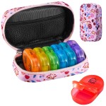 Serfeymi Weekly Travel Pill Organizer 2 Times A Day AM PM Upgraded Rainbow Pill Box 7 Day with Portable Zipper Canvas Pill Case, Medicine Organizer for Pills, Vitamins, Fish Oils - Pink 01