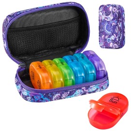 Serfeymi Weekly Travel Pill Organizer 2 Times A Day AM PM Upgraded Rainbow Pill Box 7 Day with Portable Zipper Canvas Pill Case, Medicine Organizer for Pills, Vitamins, Fish Oils - Purple 01