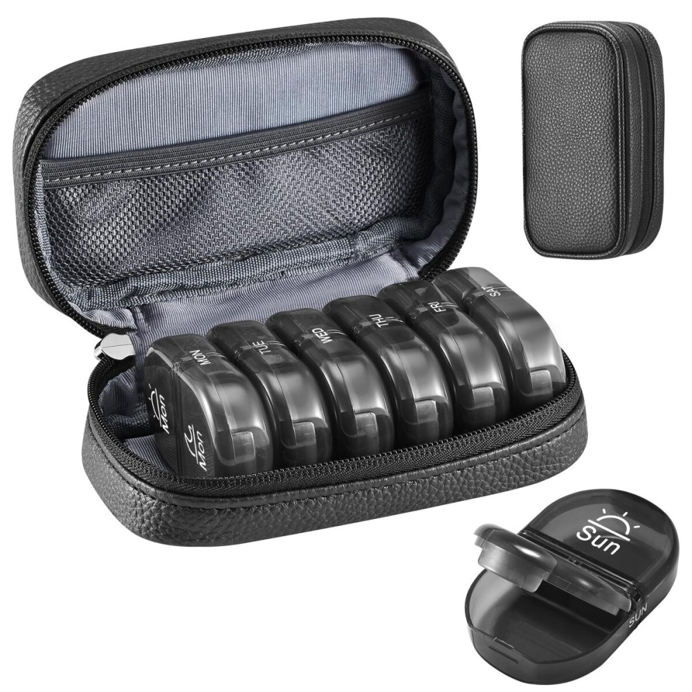 Serfeymi Weekly Travel Pill Organizer 2 Times A Day AM PM Upgraded Black Pill Box 7 Day with Portable Zipper PU Leather Pill Case, Medicine Organizer for Pills, Vitamins, Fish Oils - Black 01
