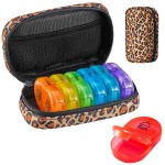 Serfeymi Weekly Travel Pill Organizer 2 Times A Day AM PM Upgraded Rainbow Pill Box 7 Day with Portable Zipper Canvas Pill Case, Medicine Organizer for Pills, Vitamins, Fish Oils - Brown 01