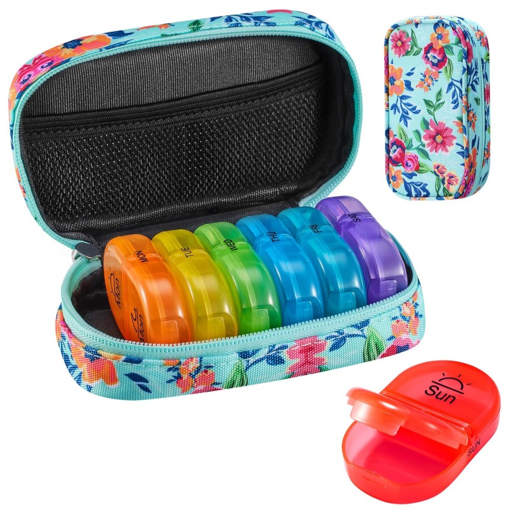 Serfeymi Weekly Travel Pill Organizer 2 Times A Day AM PM Upgraded Rainbow Pill Box 7 Day with Portable Zipper Canvas Pill Case, Medicine Organizer for Pills, Vitamins, Fish Oils - Green 01