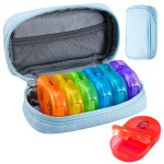 Serfeymi Weekly Travel Pill Organizer 2 Times A Day AM PM Upgraded Rainbow Pill Box 7 Day with Portable Zipper PU Leather Pill Case, Medicine Organizer for Pills, Vitamins, Fish Oils - Blue 01