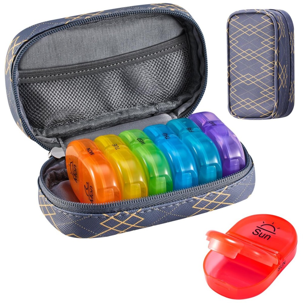 Serfeymi Weekly Travel Pill Organizer 2 Times A Day AM PM Upgraded Rainbow Pill Box 7 Day with Portable Zipper PU Leather Pill Case, Medicine Organizer for Pills, Vitamins, Fish Oils - Lines 01