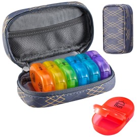 Serfeymi Weekly Travel Pill Organizer 2 Times A Day AM PM Upgraded Rainbow Pill Box 7 Day with Portable Zipper PU Leather Pill Case, Medicine Organizer for Pills, Vitamins, Fish Oils - Lines 01
