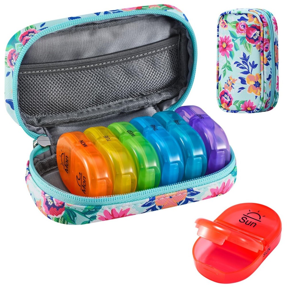Serfeymi Weekly Travel Pill Organizer 2 Times A Day AM PM Upgraded Rainbow Pill Box 7 Day with Portable Zipper PU Leather Pill Case, Medicine Organizer for Pills, Vitamins, Fish Oils - Green-01