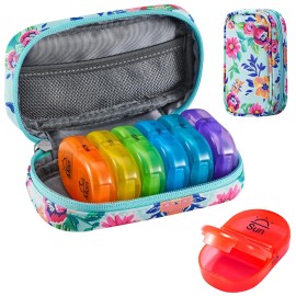 Serfeymi Weekly Travel Pill Organizer 2 Times A Day AM PM Upgraded Rainbow Pill Box 7 Day with Portable Zipper PU Leather Pill Case, Medicine Organizer for Pills, Vitamins, Fish Oils - Green-01