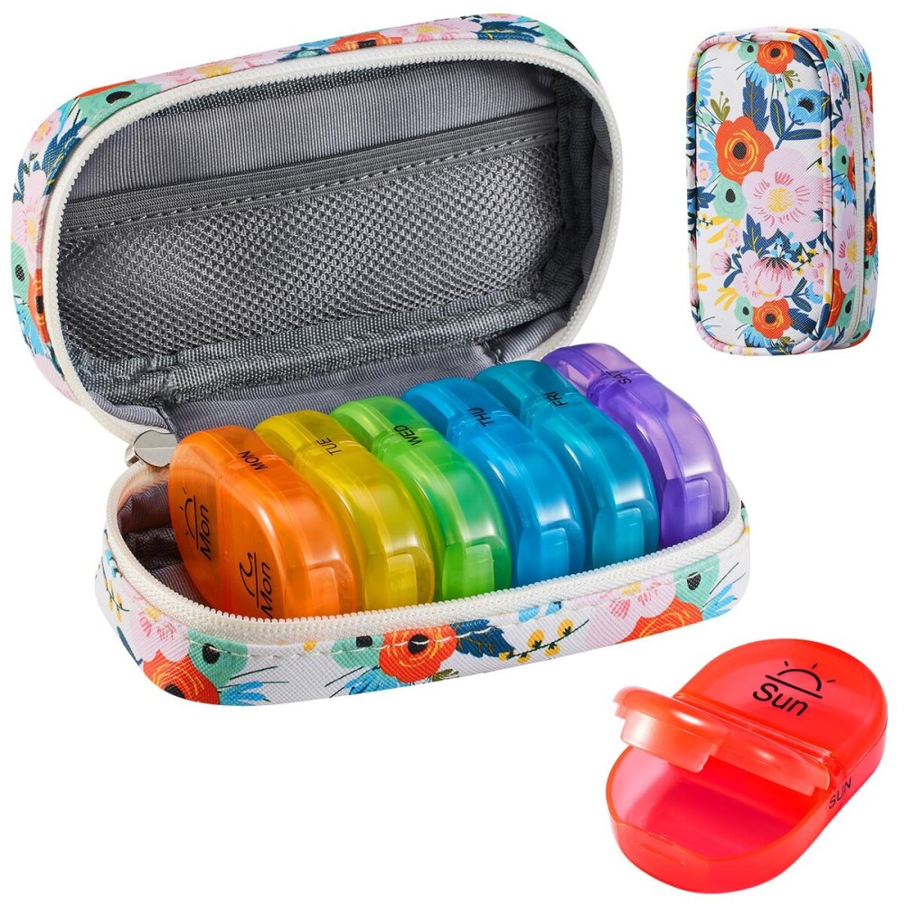 Serfeymi Weekly Travel Pill Organizer 2 Times A Day AM PM Upgraded Rainbow Pill Box 7 Day with Portable Zipper PU Leather Pill Case, Medicine Organizer for Pills, Vitamins, Fish Oils - Floral 03