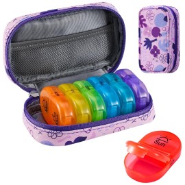 Serfeymi Weekly Travel Pill Organizer 2 Times A Day AM PM Upgraded Rainbow Pill Box 7 Day with Portable Zipper PU Leather Pill Case, Medicine Organizer for Pills, Vitamins, Fish Oils - Purple 02