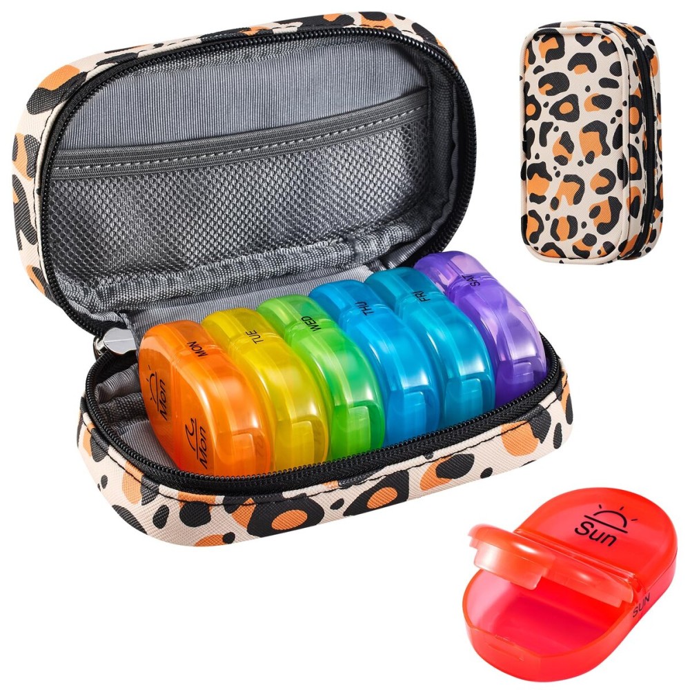 Serfeymi Weekly Travel Pill Organizer 2 Times A Day AM PM Upgraded Rainbow Pill Box 7 Day with Portable Zipper PU Leather Pill Case, Medicine Organizer for Pills, Vitamins, Fish Oils - Brown 02