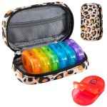 Serfeymi Weekly Travel Pill Organizer 2 Times A Day AM PM Upgraded Rainbow Pill Box 7 Day with Portable Zipper PU Leather Pill Case, Medicine Organizer for Pills, Vitamins, Fish Oils - Brown 02