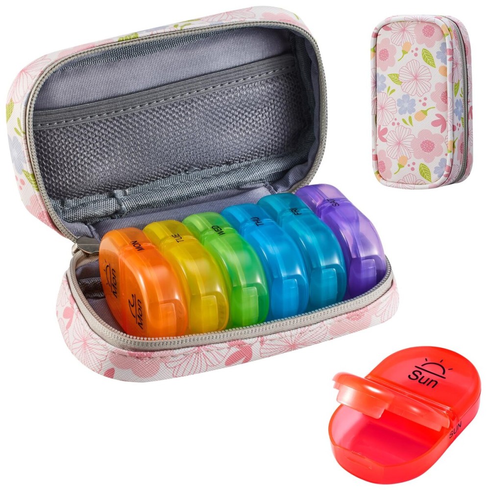 Serfeymi Weekly Travel Pill Organizer 2 Times A Day AM PM Upgraded Rainbow Pill Box 7 Day with Portable Zipper PU Leather Pill Case, Medicine Organizer for Pills, Vitamins, Fish Oils - Floral 01
