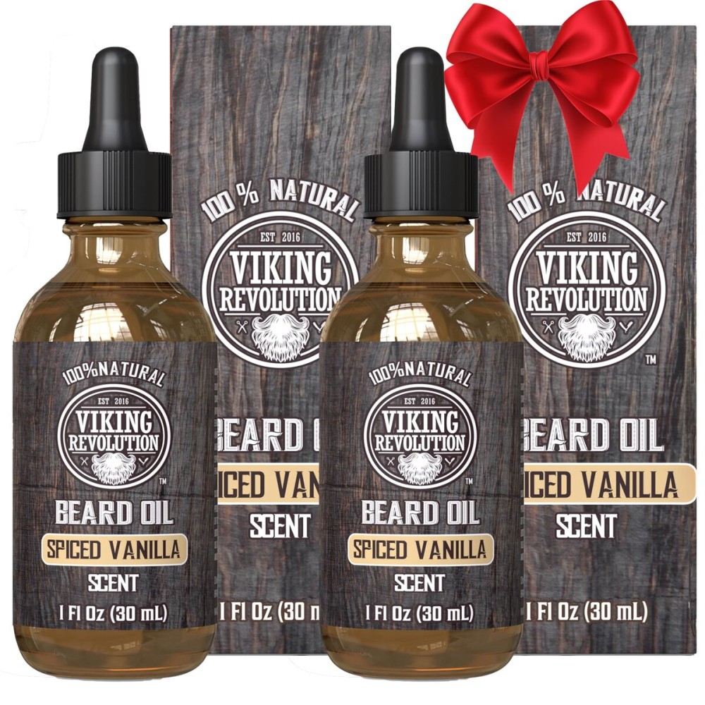Viking Revolution Beard Oil for Men - All Natural Beard Oil Spiced Vanilla Scent with Argan Oil & Jojoba Oil Beard Conditioner and Softener - Strengthens Beards and Mustaches for Men (2 Pack)