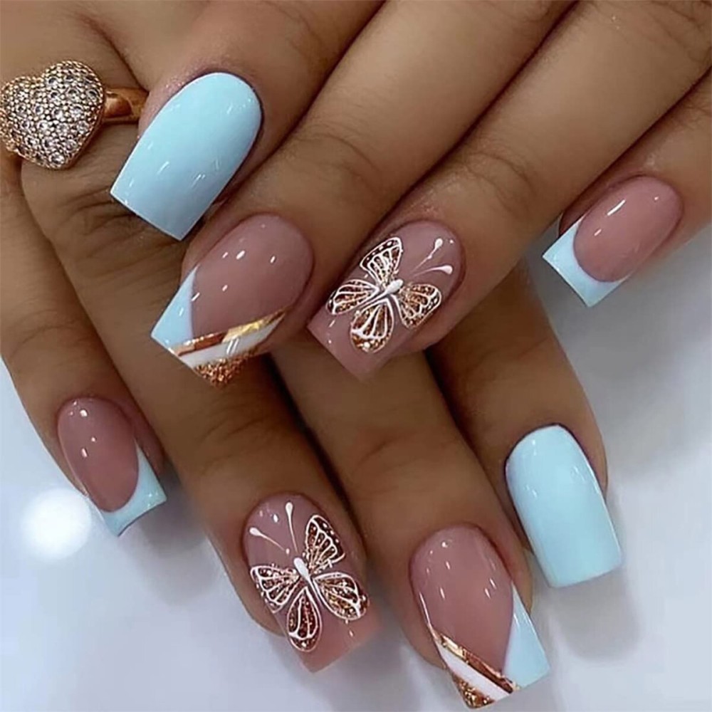 Square Press on Nails Medium Fake Nails French Gold Glitter Designs Butterfly False Nails Pink&Light Blue Acrylic Glue on Nails Glossy Full Cover Stick on Nail for Women Girls