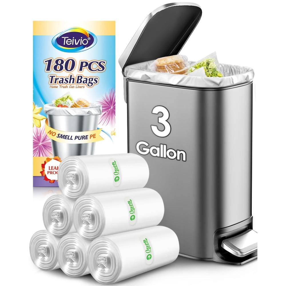 Teivio 3 Gallon 180 Counts Strong Trash Bags Garbage Bags, Bathroom Trash Can Bin Liners, Small Plastic Bags for Home Office Kitchen Kitchen, Clear