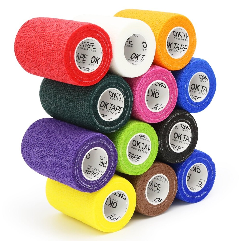 OK TAPE Self Adherent Cohesive Bandages Wrap - 12Packs, 3 x 5 Yards, Non-Woven Self Adhesive Bandage Wrap for Thumb, Finger, Wrist, Ankle, Vet Wrap Bandages Tape (Mixed Colors)