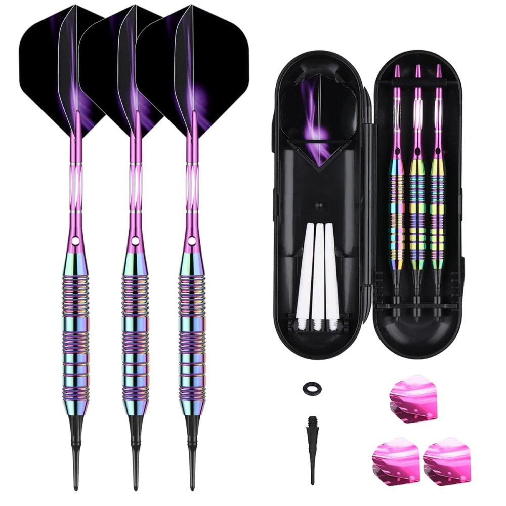 sanfeng Darts Plastic Tip Set Rainbow Color 21g for Electronic Dart Board with 50 Rubber O-Rings 6 Shafts Extra 50 Replacement Soft Tips Accessories