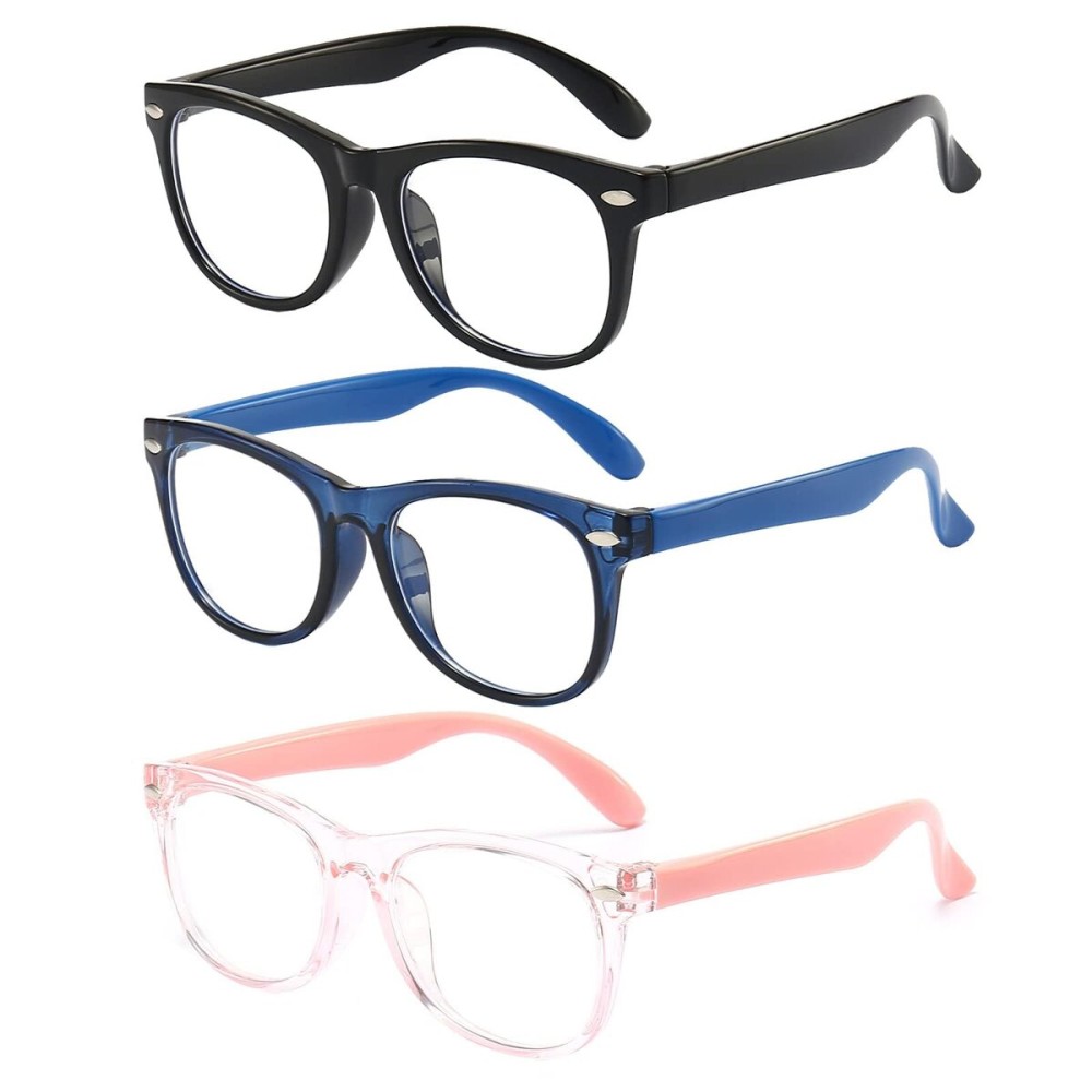 FANNYGO Kids Blue Light Blocking Glasses 3 Pack Fanngo Kids Computer Reading Glasses for Boys And Girls Age 3-9 (Black + Dark blue + Light powder)