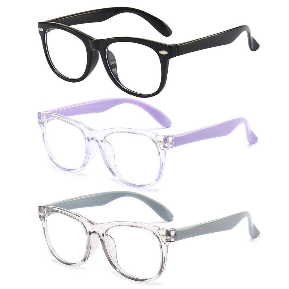 FANNYGO 3 Pack kids Blue Light Blocking Glasses For Girls And Boys Computer Blue Light Blocking Glasses For Age 3-9 (Black + Light purple + Light gray)