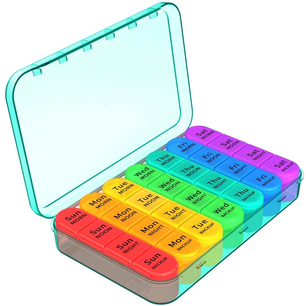 Daviky Pill Organizer 4 Times a Day, Weekly Pill Box Travel Pill Case, Daily Medicine Organizer 7 Day, Large Pill Container Holder to Hold Vitamins, Pills, Supplements (Cyan)