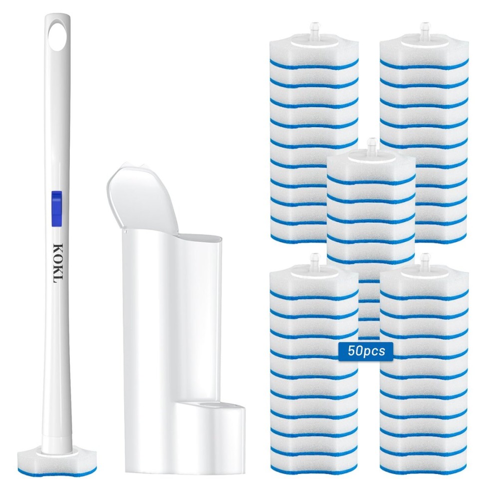 KOKL Disposable Toilet Brush, Toilet Bowl Cleaner Brush with 50PCS Toilet Brush Refills, Toilet Cleaner Refill Pads, Disposable Toilet Bowl Brush and Storage Caddy for Bathroom Cleaning(1-Set)