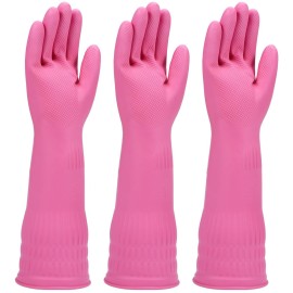 IUCGE Rubber dishwashing gloves 6 Pairs for kitchen,Cleaning washing dish gloves long for household reuseable durable.(Small,Pink)