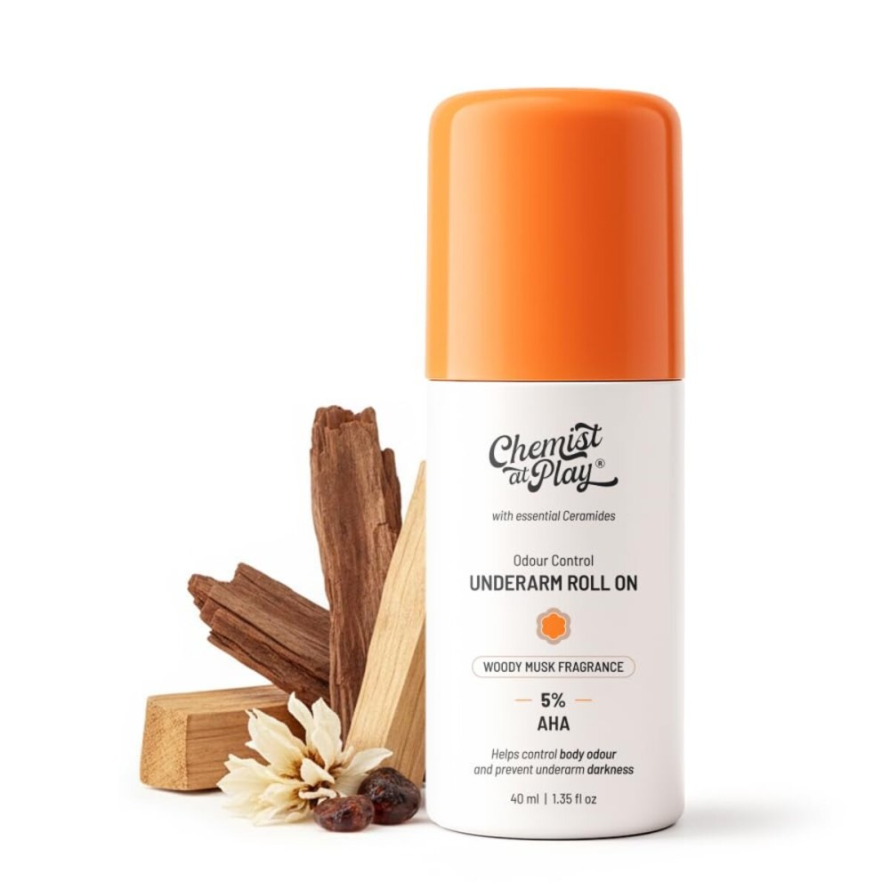 Chemist at Play UnderArm Roll-On with 5% AHA|Lactic & Mandelic Acid|Prevents Odour, Brightens Skin & Exfoliates Underarm|For Sensitive Skin |Woody Musk Fragrance |Alcohol & Aluminium Free | 1.35 fl oz