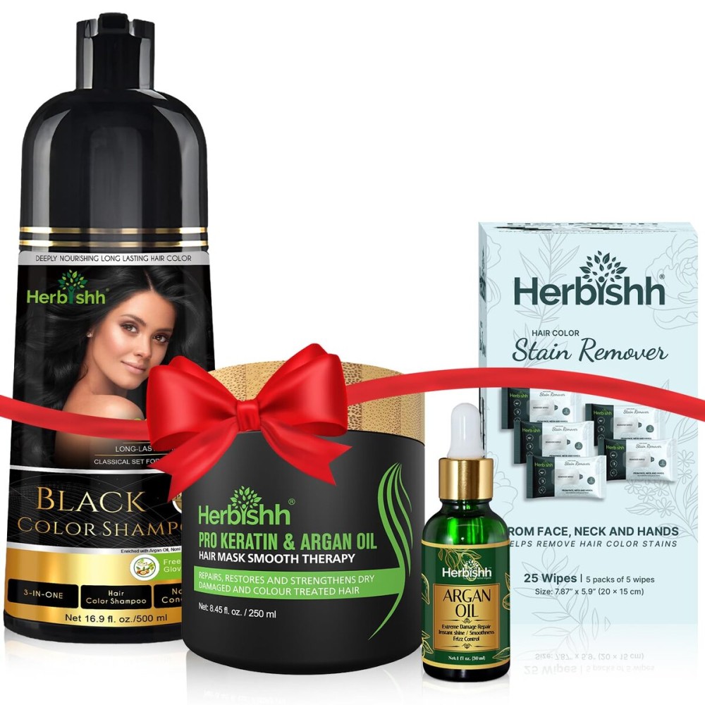Herbishh Hair Color Shampoo for Gray Hair - Natural Hair Dye Shampoo - Lasts Up To 3-4 Weeks - 500ML - 3-In-1 Hair Color - Colors, Cleanses, and Conditions (Black GiftSet)