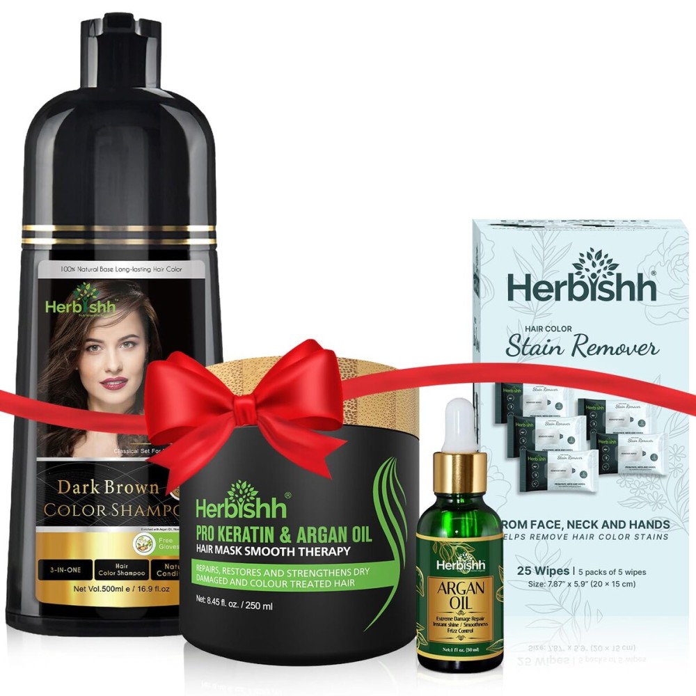 Herbishh Hair Color Shampoo for Gray Hair - Natural Hair Dye Shampoo - Lasts Up To 3-4 Weeks - 500ML - 3-In-1 Hair Color - Colors, Cleanses, and Conditions (Dark Brown Gift Set)