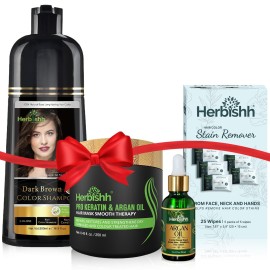 Herbishh Hair Color Shampoo for Gray Hair - Natural Hair Dye Shampoo - Lasts Up To 3-4 Weeks - 500ML - 3-In-1 Hair Color - Colors, Cleanses, and Conditions (Dark Brown Gift Set)