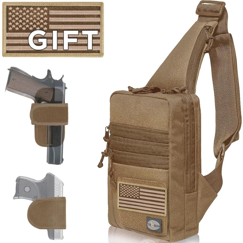 TECEUM Tactical Compact Sling Bag with patch - CCW for Everyday - for R&L Hand - Shoulder Crossbody Bag for Concealed Carry of Handgun - Pack (Coyote)