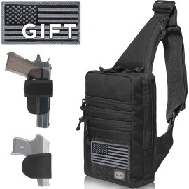 TECEUM Tactical Compact Sling Bag with patch - CCW for Everyday - For R&L Hand - Shoulder Crossbody Bag for Concealed Carry of Handgun - Pack (Black)